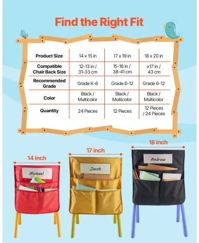 VEVOR Chair Pockets for Classroom 12 Pack Chairback Buddy Pocket with Name Tag