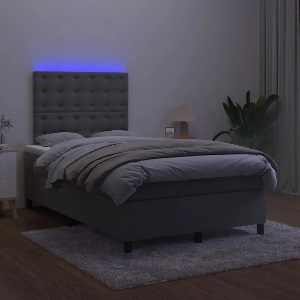 vidaXL Κρεβάτι Boxspring με Στρώμα & LED Σκ. Γκρι 120x200εκ. Βελούδινο