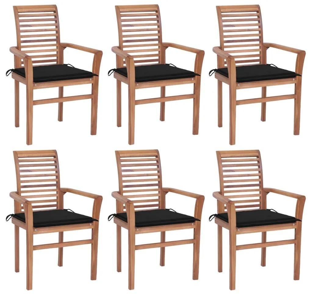 Καρέκλες Τραπεζαρίας 6 τεμ. Μασίφ Ξύλο Teak &amp; Μαύρα Μαξιλάρια - Μαύρο