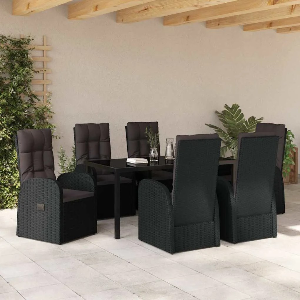 vidaXL Σέτ φαγητού για κήπο με μαξιλάρι 7 pcs Μαύρο συνθετικό ρατάν