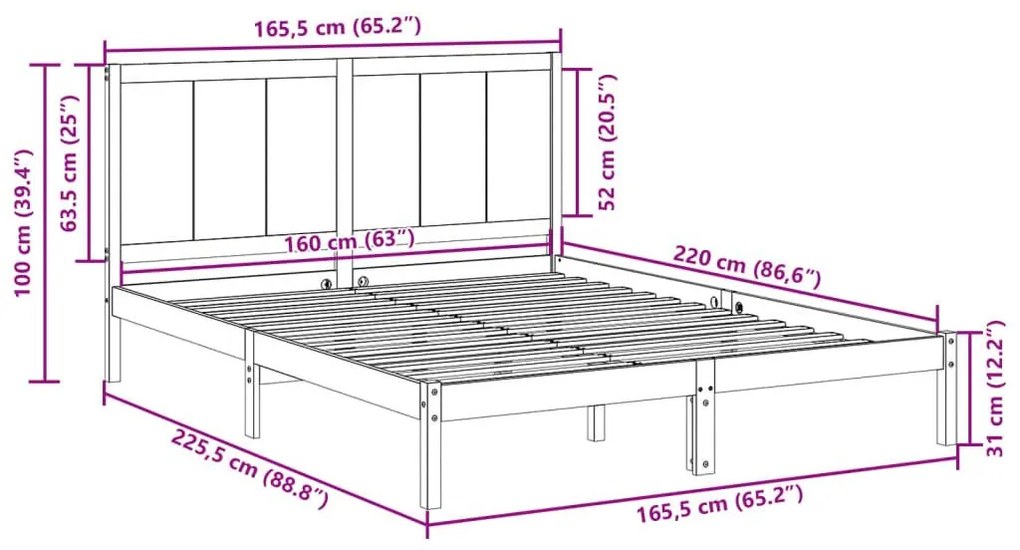 Πλαίσιο Κρεβατιού Μακρύ Χωρίς Στρώμα 160x220 εκ Μασίφ Ξύλο - Καφέ