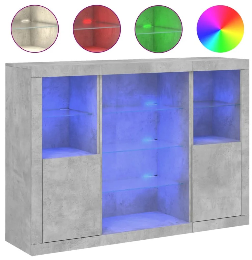 vidaXL Μπουφέδες με Φώτα LED 3 τεμ. Γκρι Σκυροδέματος Επεξεργ. Ξύλο