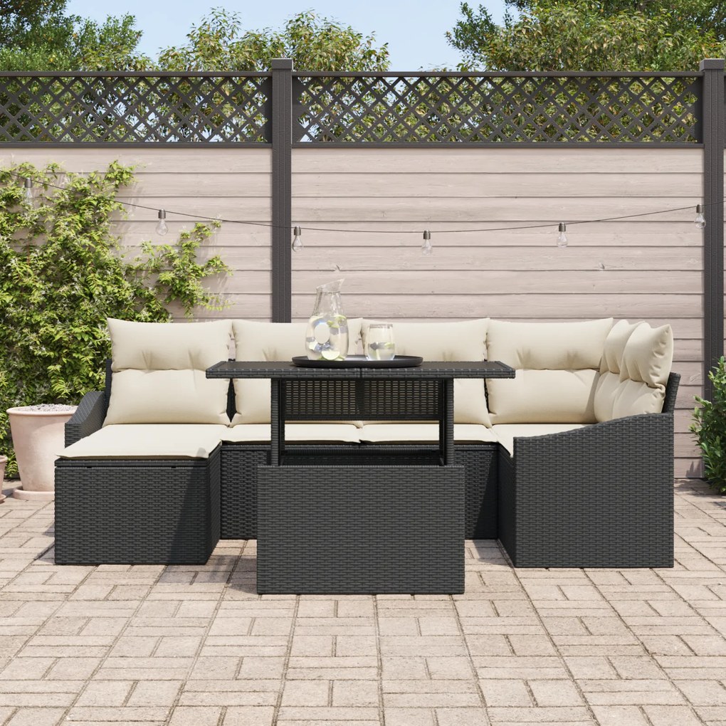 vidaXL Set καναπέ κήπου 7 τεμαχίων με μαξιλάρια Μαύρο Συνθετικό ρατάν