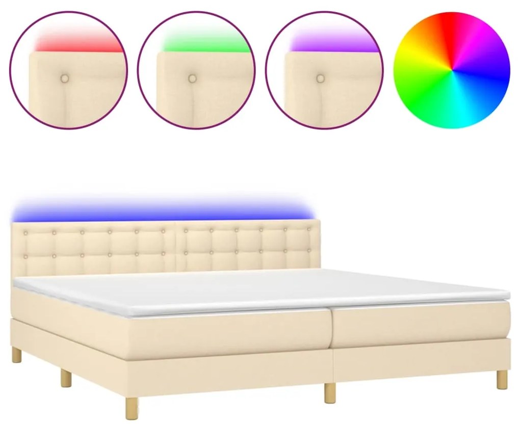 vidaXL Κρεβάτι Boxspring με Στρώμα & LED Κρεμ 200x200 εκ. Υφασμάτινο