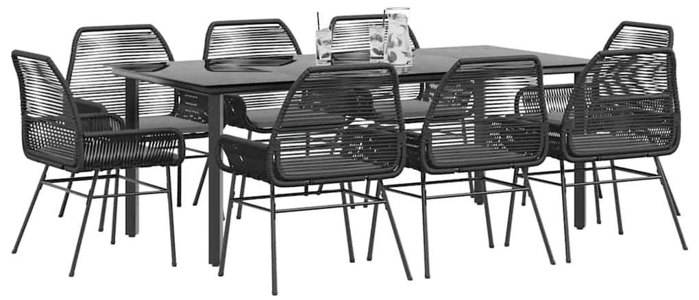 Σετ Τραπεζαρίας Κήπου 9 τεμ Μαύρο Συνθ.Ρατάν/Γυαλί με Μαξιλάρια