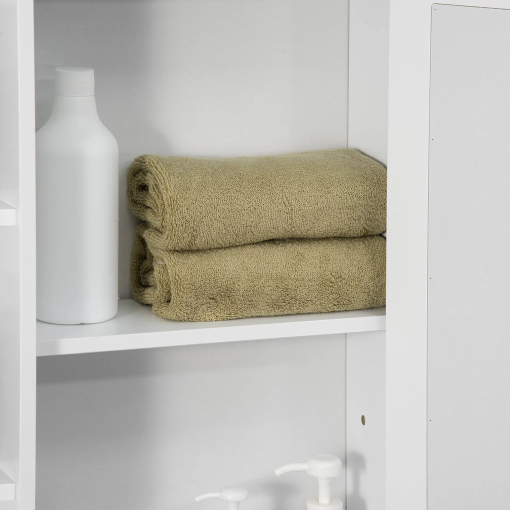 HOMCOM Ντουλάπι Καθρέφτης Μπάνιου, 8 Ράφια, Πόρτες Καθρέφτη, Αδιάβροχο, 66 cm x 17 cm x 63 cm, Λευκό