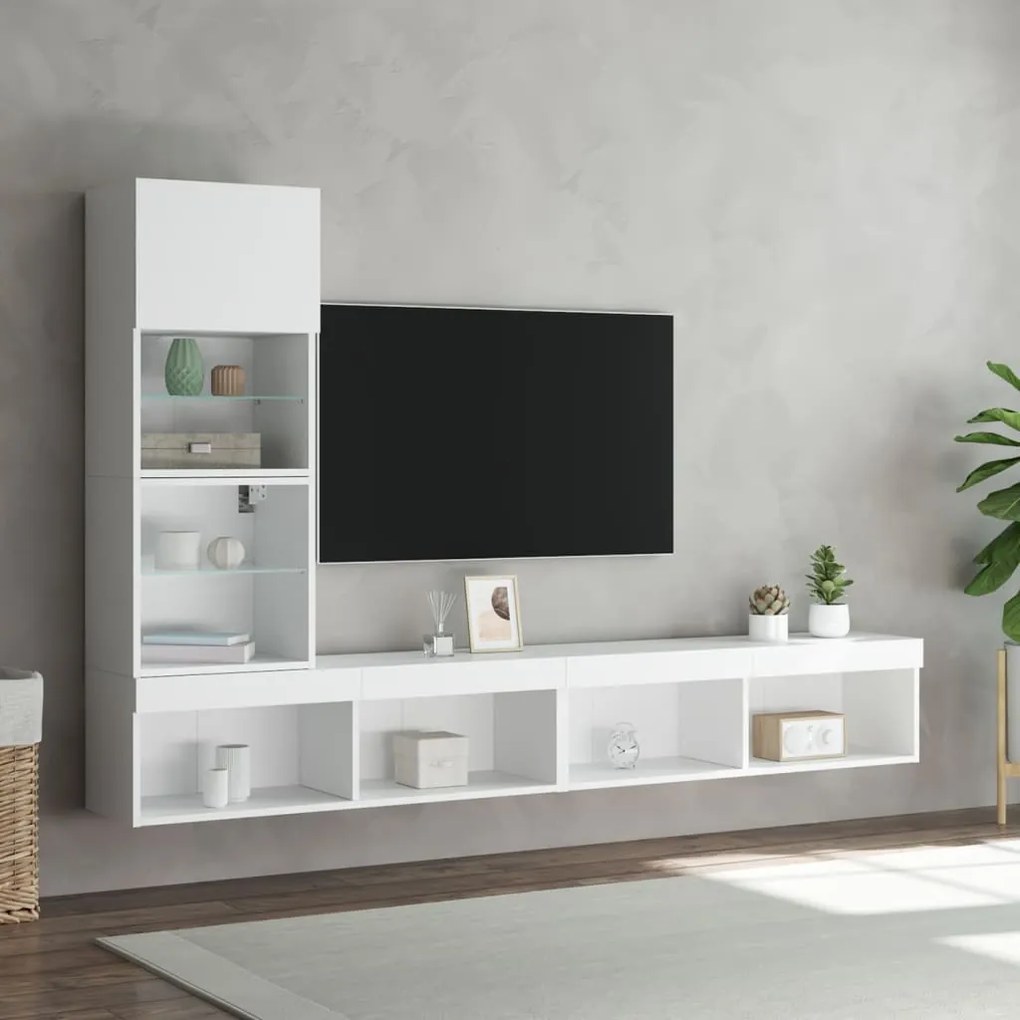 vidaXL Έπιπλα Τοίχου Τηλεόρασης 4 τεμ LED Λευκά από Επεξεργασμένο Ξύλο
