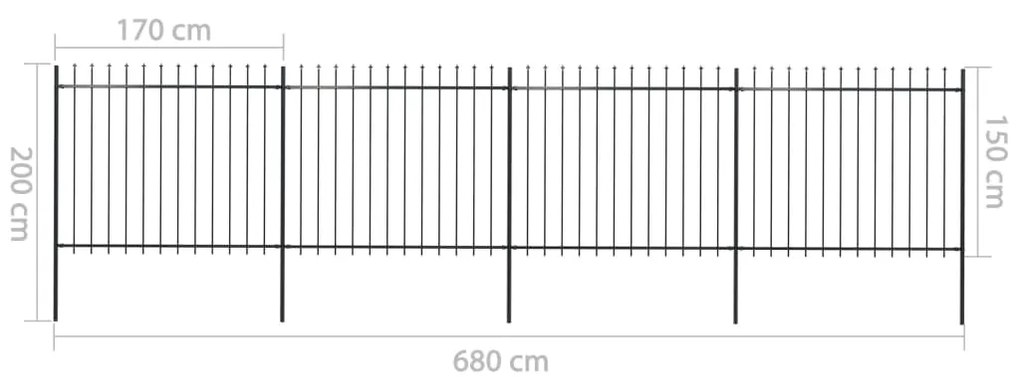 Κάγκελα Περίφραξης με Λόγχες Μαύρα 6,8 x 1,5 μ. από Χάλυβα - Μαύρο