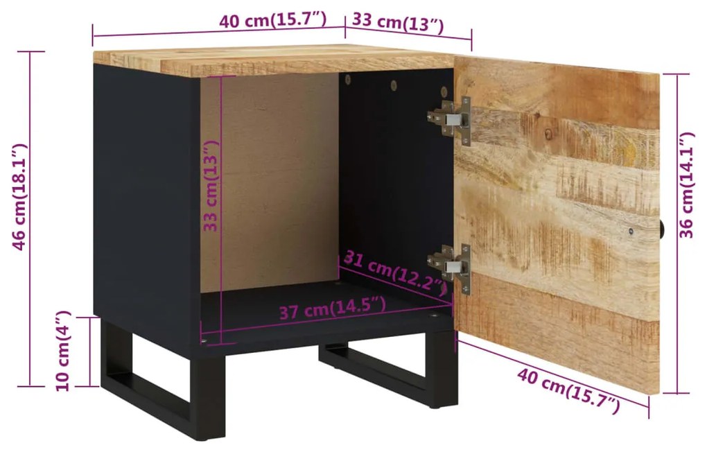 Κομοδίνα 2 τεμ. 40 x 33 x 46 εκ. από Μασίφ Ξύλο Μάνγκο - Μαύρο