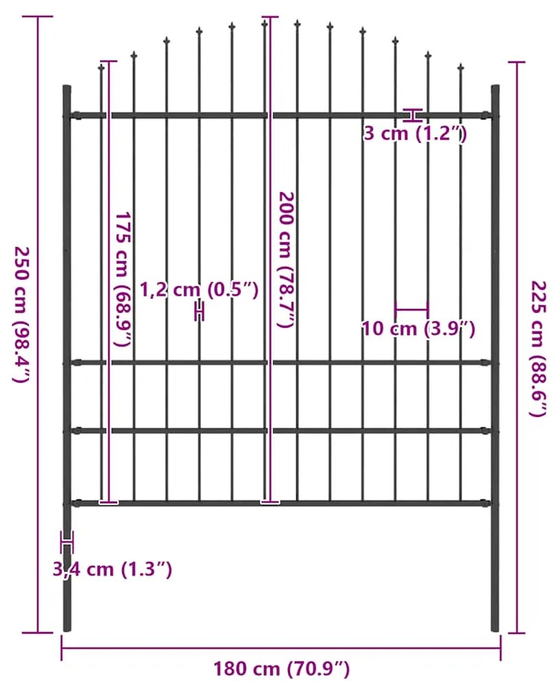 vidaXL Κάγκελα Περίφραξης με Λόγχες Μαύρα (1,75-2) x 1,7 μ. Ατσάλινα