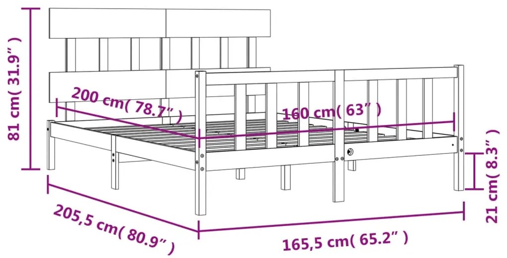 Σκελετός Κρεβατιού Χωρίς Στρώμα 160x200 εκ Μασίφ Ξύλο Πεύκου - Καφέ