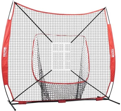 VEVOR 7x7 ft Baseball Softball Practice Net, Portable Baseball Training Net for Hitting Catching Pitching, Backstop Baseball Equipment with Bow Frame, Carry Bag, Strike Zone, Ball, Tee, Ball Collector