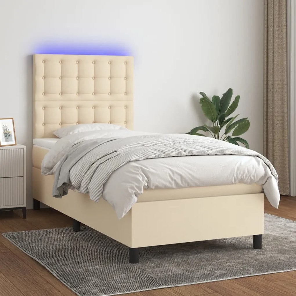 vidaXL Κρεβάτι Boxspring με Στρώμα & LED Κρεμ 100x200 εκ. Υφασμάτινο