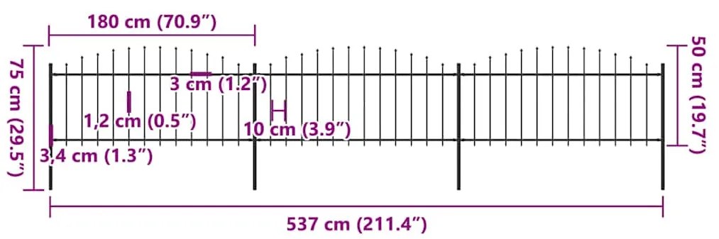 vidaXL Φράχτης Κήπου με Κορυφή Δόρυ Μαύρος Ατσάλινος 537x75 εκ.