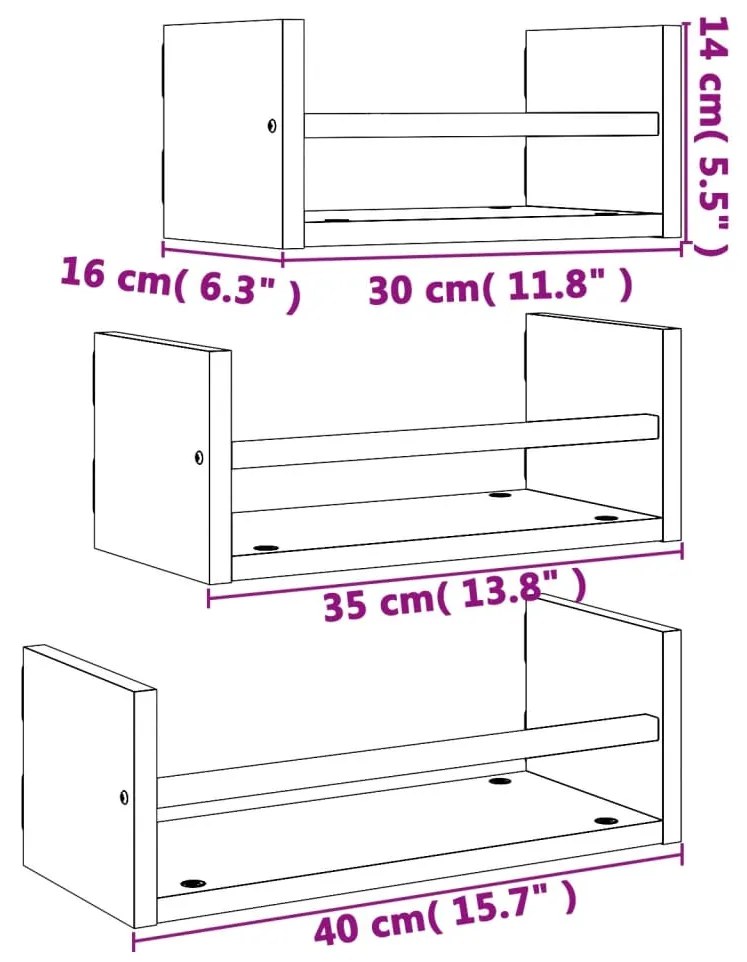 Ράφια Τοίχου Σετ 3 τεμ. με Μπάρες Καφέ Δρυς Επεξεργασμένο ξύλο - Καφέ