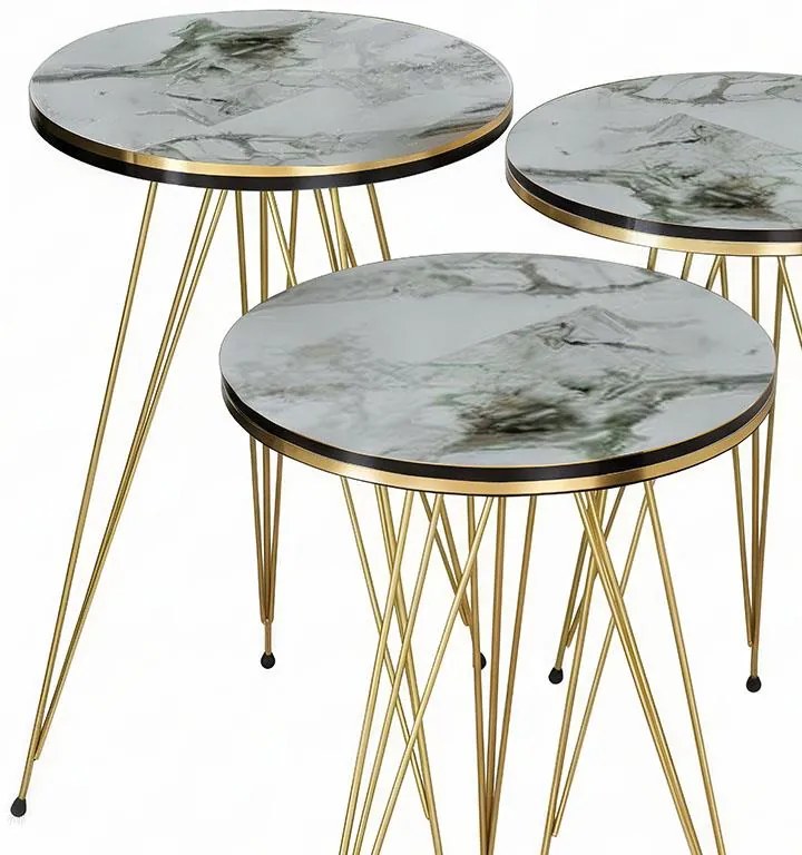 Τραπεζάκια σαλονιού Βοηθητικά Wakmi σετ 3 τεμ. σε λευκό μπεζ μάρμαρο μελαμίνη - χρυσό μέταλλο 33x33x55 εκ.