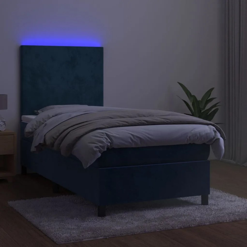 vidaXL Κρεβάτι Boxspring με Στρώμα & LED Σκ. Μπλε 90x190 εκ. Βελούδινο