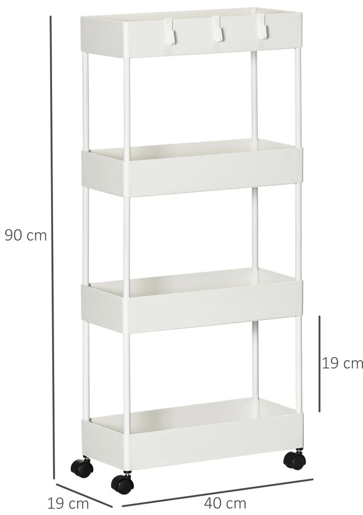 HOMCOM Τροχήλατο καρότσι κουζίνας με 4 ράφια, 4 ευέλικτες κρεμάστρες, 4 τροχούς, 40 cm x 19 cm x 90 cm, λευκό