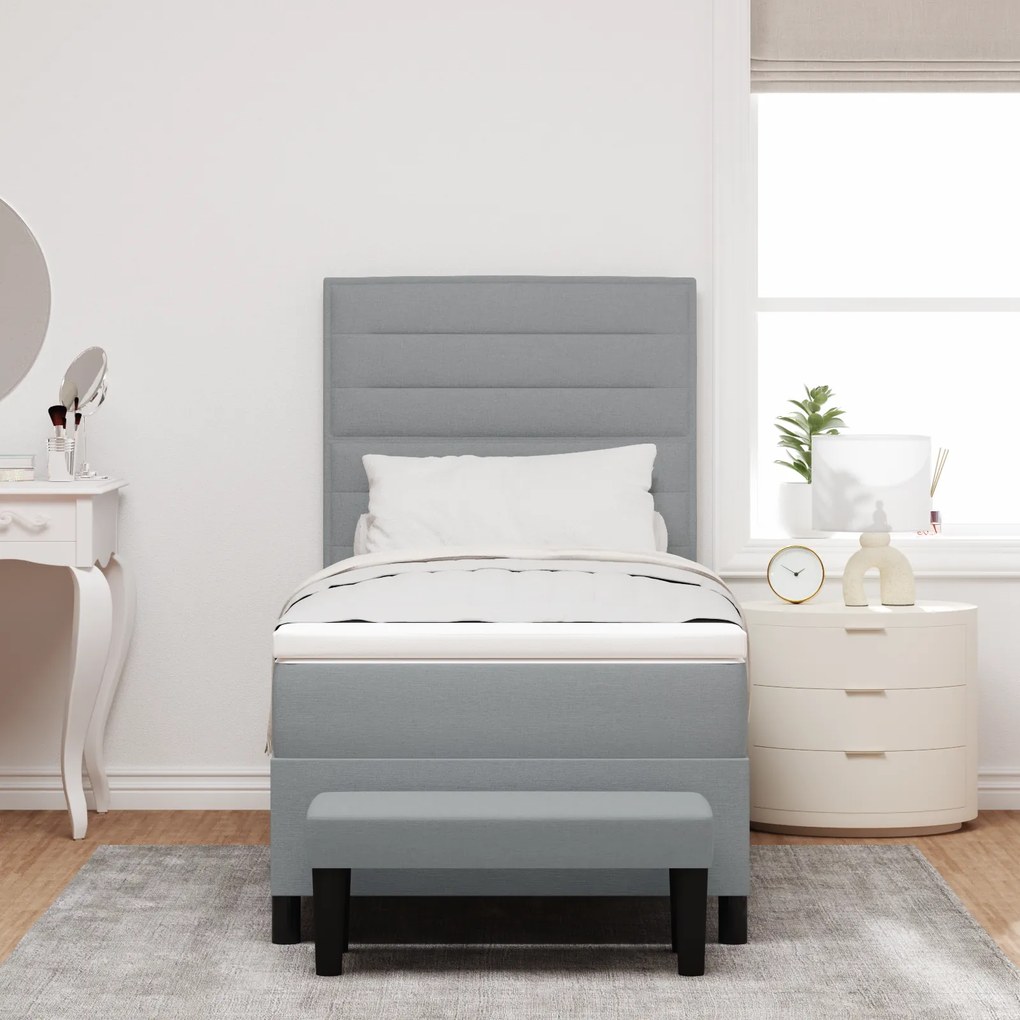 vidaXL Κρεβάτι Box Spring με Στρώμα & Πάγκο Ανοιχτό Γκρι 100x200 cm Ύφασμα