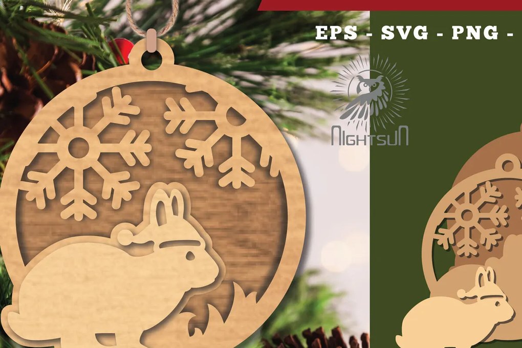 Σετ των 3 Intra απο ξύλο plywood 3mm-4mm πάχος Χριστουγεννιάτικο στολίδι με κομμένο λέιζερ με κουνέλι Δίασταση 8x8 cm INTRAFABR-112767805