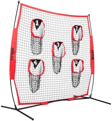 VEVOR 7 x 7 ft Football Trainer Throwing Net, Training Throwing Target Practice Net with 5 Target Pockets, Knotless Net Includes Bow Frame and Portable Carry Case, Improve QB Throwing Accuracy, Red