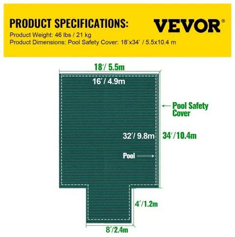 VEVOR Pool Safety Cover Fits 16x32ft Rectangle Inground Pools, Safety Pool Cover with 4x10ft Center End Step, Mesh Solid Pool Cover with Drainage Holes for Swimming Pool, Winter Safety Cover, Green