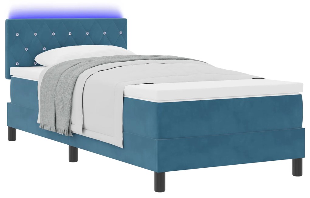 vidaXL Κρεβάτι Box Spring με Στρώμα & LED Σκούρο Μπλε 90x200 εκ Βελούδο