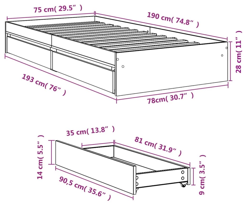 Πλαίσιο Κρεβατιού με Συρτάρια Sonoma Δρυς 75x190 εκ. Επεξ. Ξύλο - Καφέ