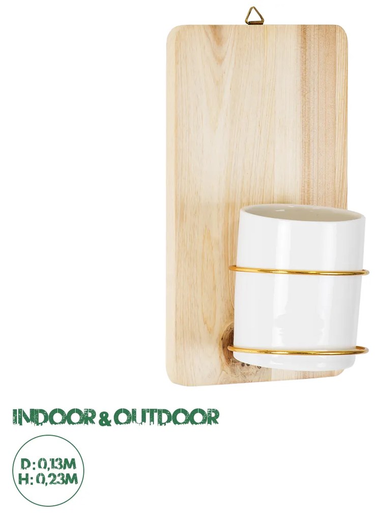 GloboStar® Artificial Garden IKARIA 20472 Επιτοίχιο Πήλινο Κεραμικό Κασπώ Γλάστρα με Ξύλινη Βάση - Flower Pot Μπεζ με Λευκό &amp; Χρυσό Φ13cm x Υ23cm