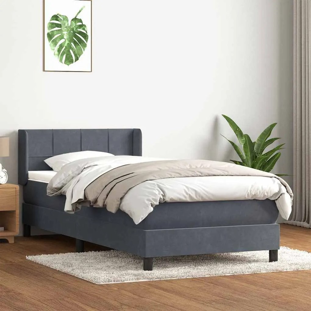 Κρεβάτι Boxspring με Στρώμα Σκούρο Γκρι 90x210 εκ. Βελούδινο - Γκρι