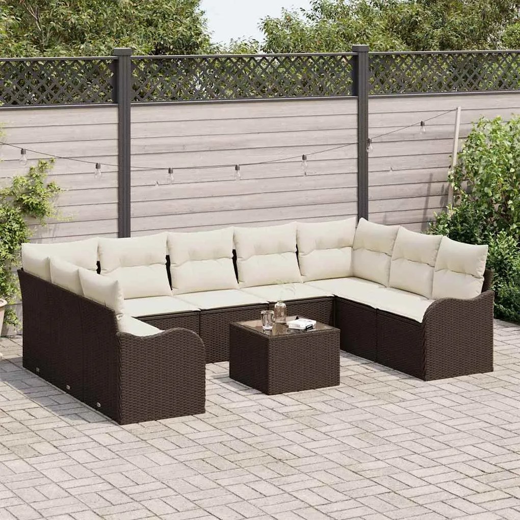 vidaXL Σετ Καναπέ Κήπου με μαξιλάρι 10 pcs Καφέ Πολυ ράταν