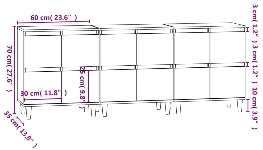 Ντουλάπι 3 τεμ. Γκρι Sonoma 60x35x70 εκ. από Επεξεργασμένο Ξύλο - Γκρι