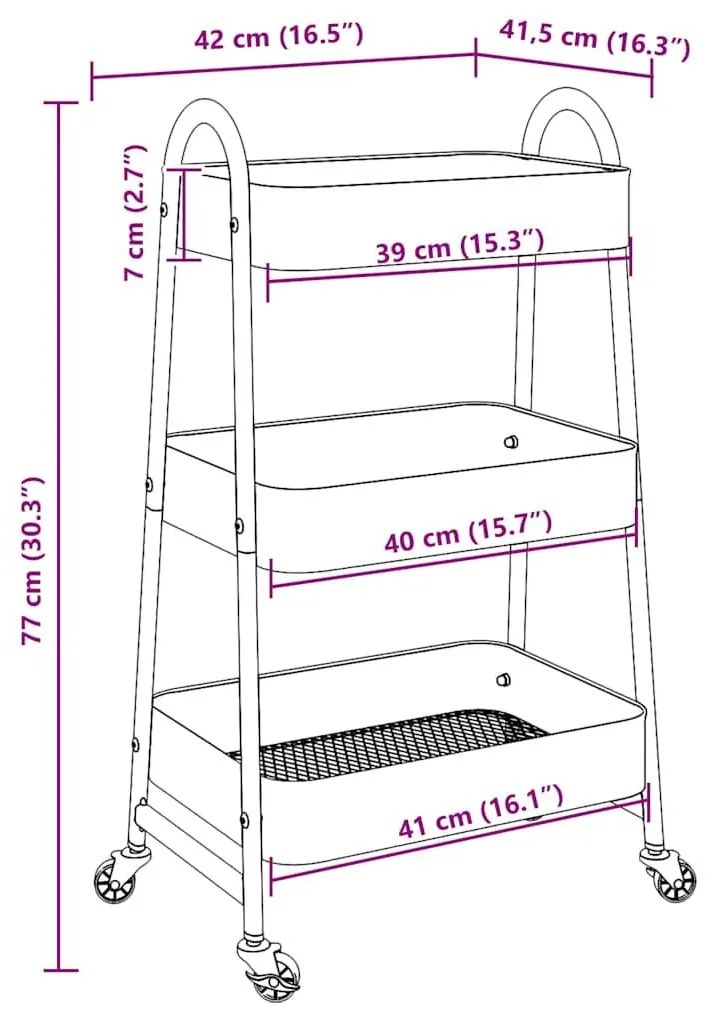 Τρόλεϊ αποθήκευσης 3 επιπέδων Μαύρο 42x41,5x77 cm Χάλυβας