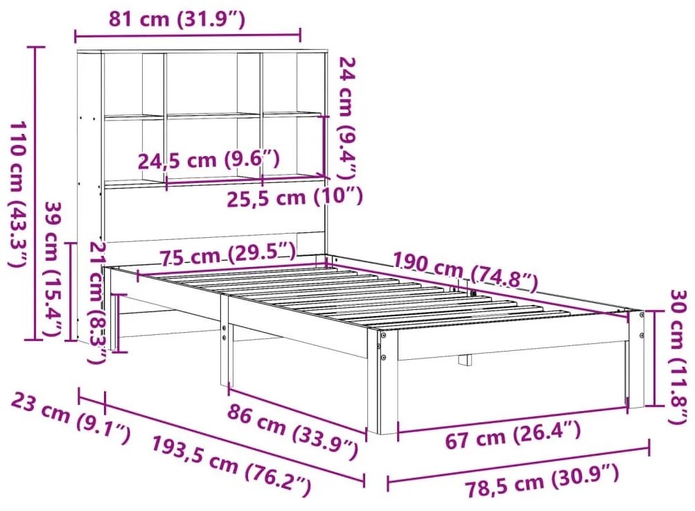 Κρεβάτι Βιβλιοθήκη Χωρίς Στρώμα 75x190 εκ Μασίφ Ξύλο Πεύκου - Καφέ