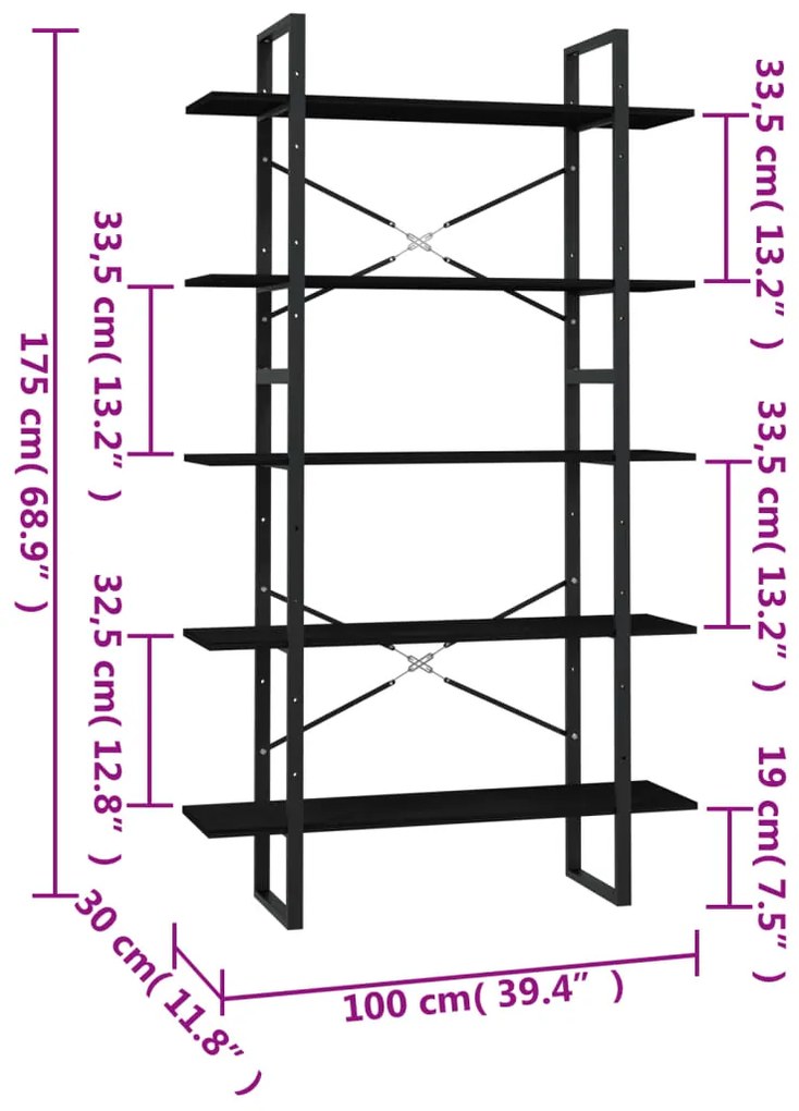 vidaXL Βιβλιοθήκη με 5 Ράφια Μαύρη 100 x 30 x 175 εκ από Ξύλο Πεύκου