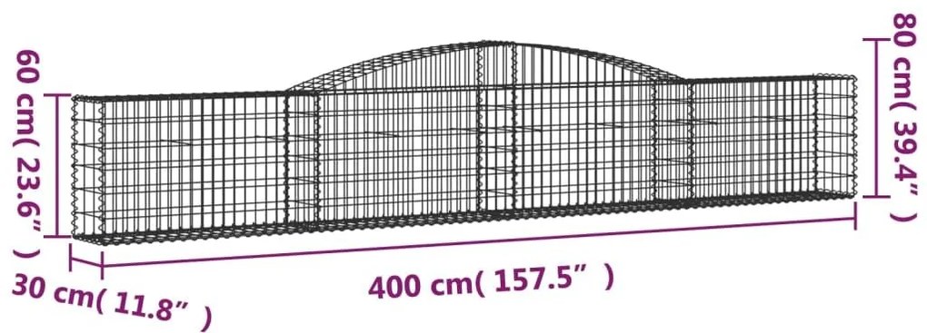 Συρματοκιβώτια Τοξωτά 25 τεμ. 400x30x60/80 εκ. Γαλβαν. Ατσάλι - Ασήμι