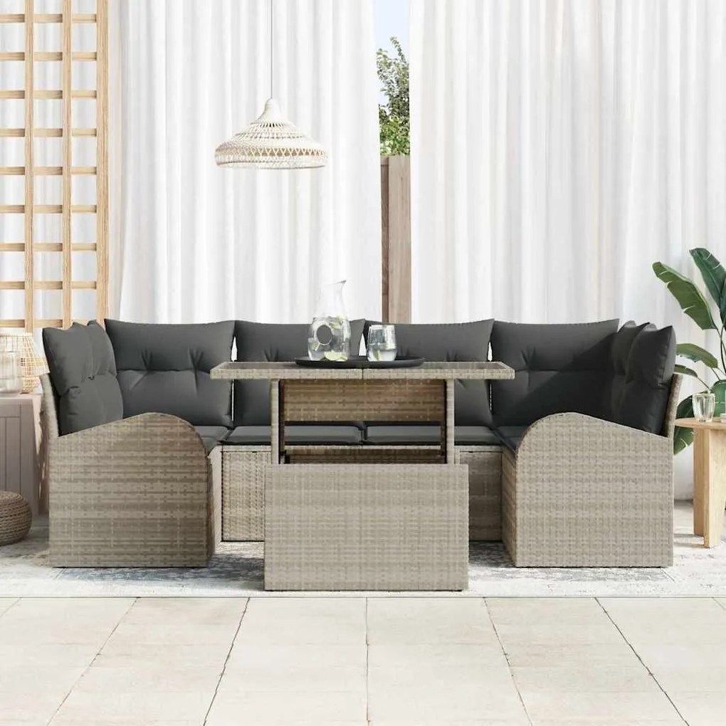 vidaXL Σετ Καναπέ Κήπου με μαξιλάρι 7 pcs Ανοιχτό γκρι Πολυ ράταν