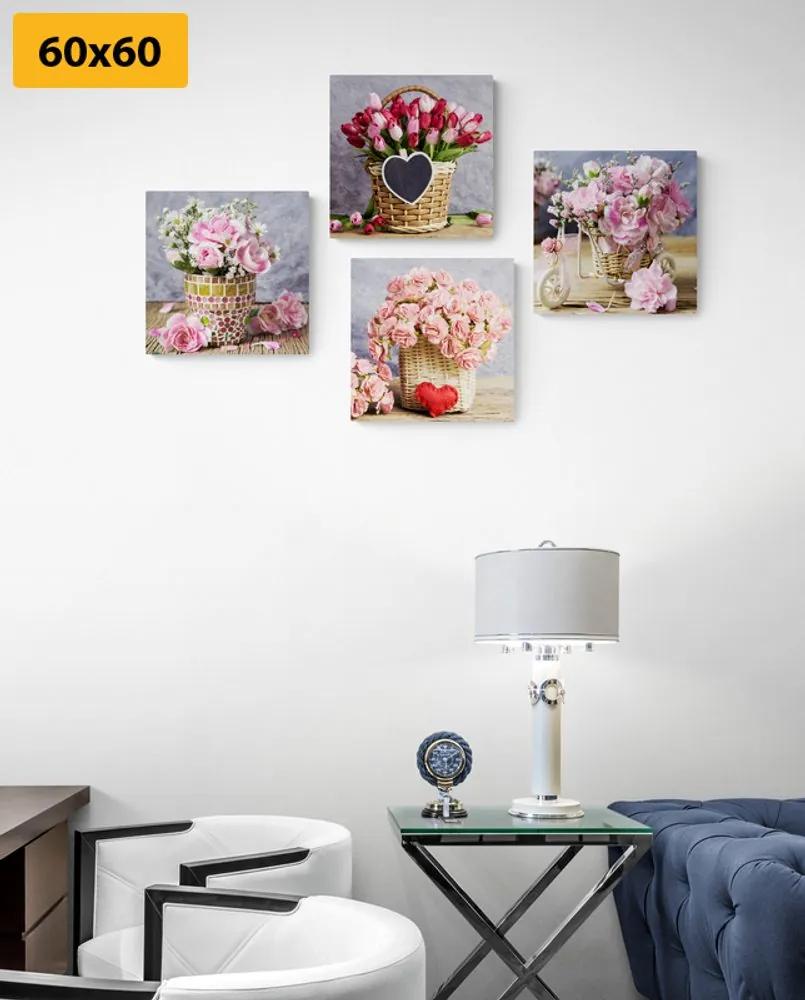 Σετ εικόνων με μπουκέτο λουλούδια σε vintage σχέδιο - 4x 60x60