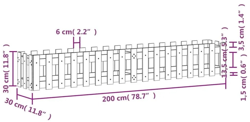 Ζαρντινιέρα με Σχέδιο Φράχτη Μαύρη 200x30x30 εκ. Μασίφ Πεύκο - Μαύρο