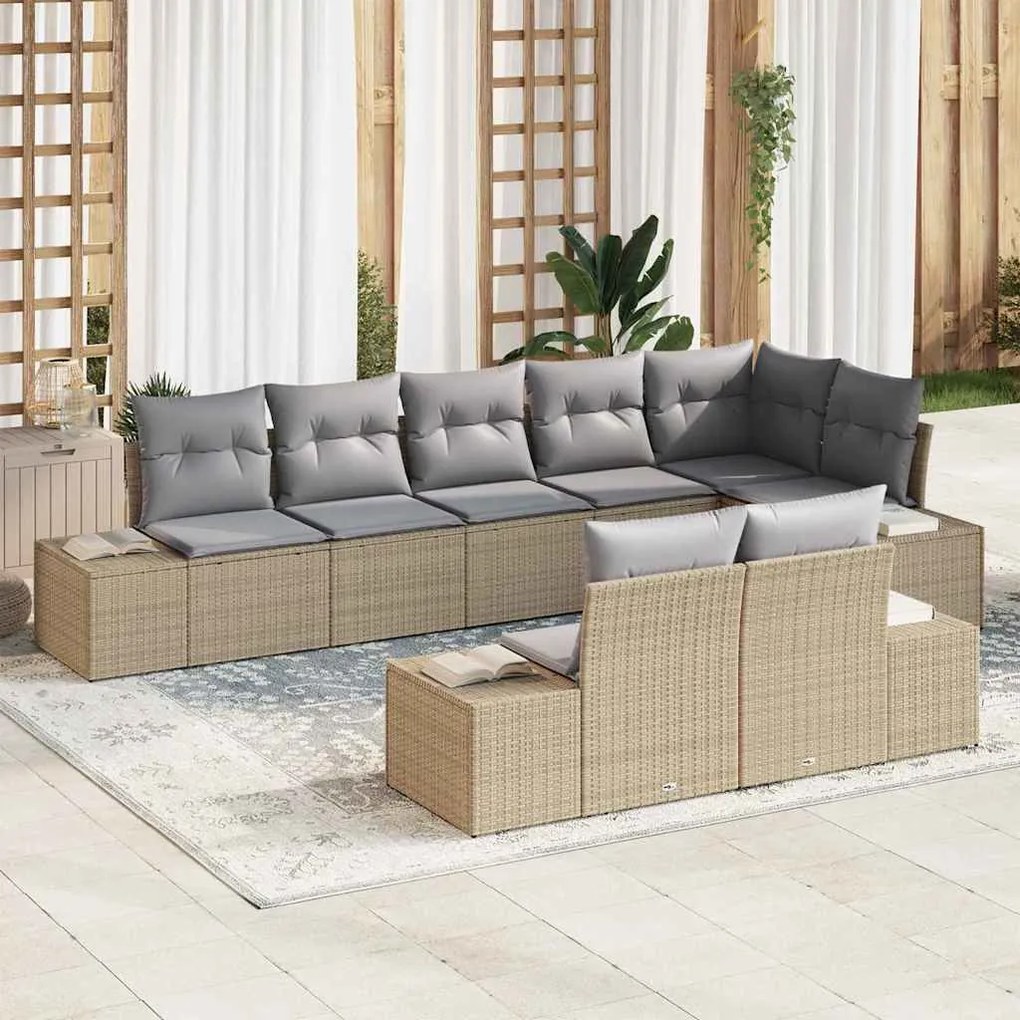 vidaXL Σετ Καναπέ Κήπου με μαξιλάρι 8 pcs Μπεζ, γκρι Πολυ ράταν