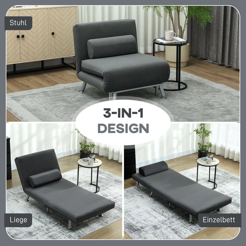 HOMCOM Πολυθρόνα-κρεβάτι, αναδιπλούμενη πολυθρόνα Relax σε βελούδινη όψη, Ρυθμιζόμενη πλάτη, 75 x 70 x 75 cm, Σκούρο γκρι