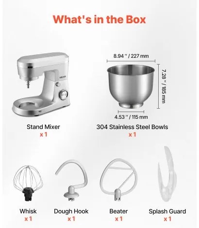 VEVOR Stand Mixer, 5.7 L Electric Kitchen Mixer, 1500W Dough-Mixer, 10 Speeds Tilt-head Food-Mixer with Stainless Steel Bowl, Dough Hook, Whisk, Beater, for Baking, Mixing, Whipping & Kneading, Silver
