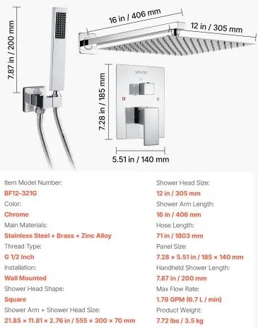 VEVOR Shower Faucet Set 12&quot; Square Rain Shower Head and Hand Set Silver Chrome