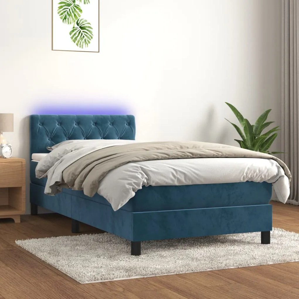 Κρεβάτι Boxspring με Στρώμα &amp; LED Σκ. Μπλε 80x200 εκ. Βελούδινο - Μπλε