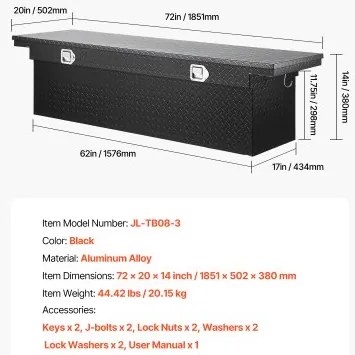 VEVOR Crossover Tool Box 72x20x14 In Heavy Duty Aluminum Toolbox for Truck Bed