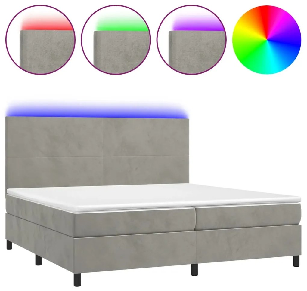 vidaXL Κρεβάτι Boxspring με Στρώμα & LED Αν.Γκρι 200x200 εκ. Βελούδινο