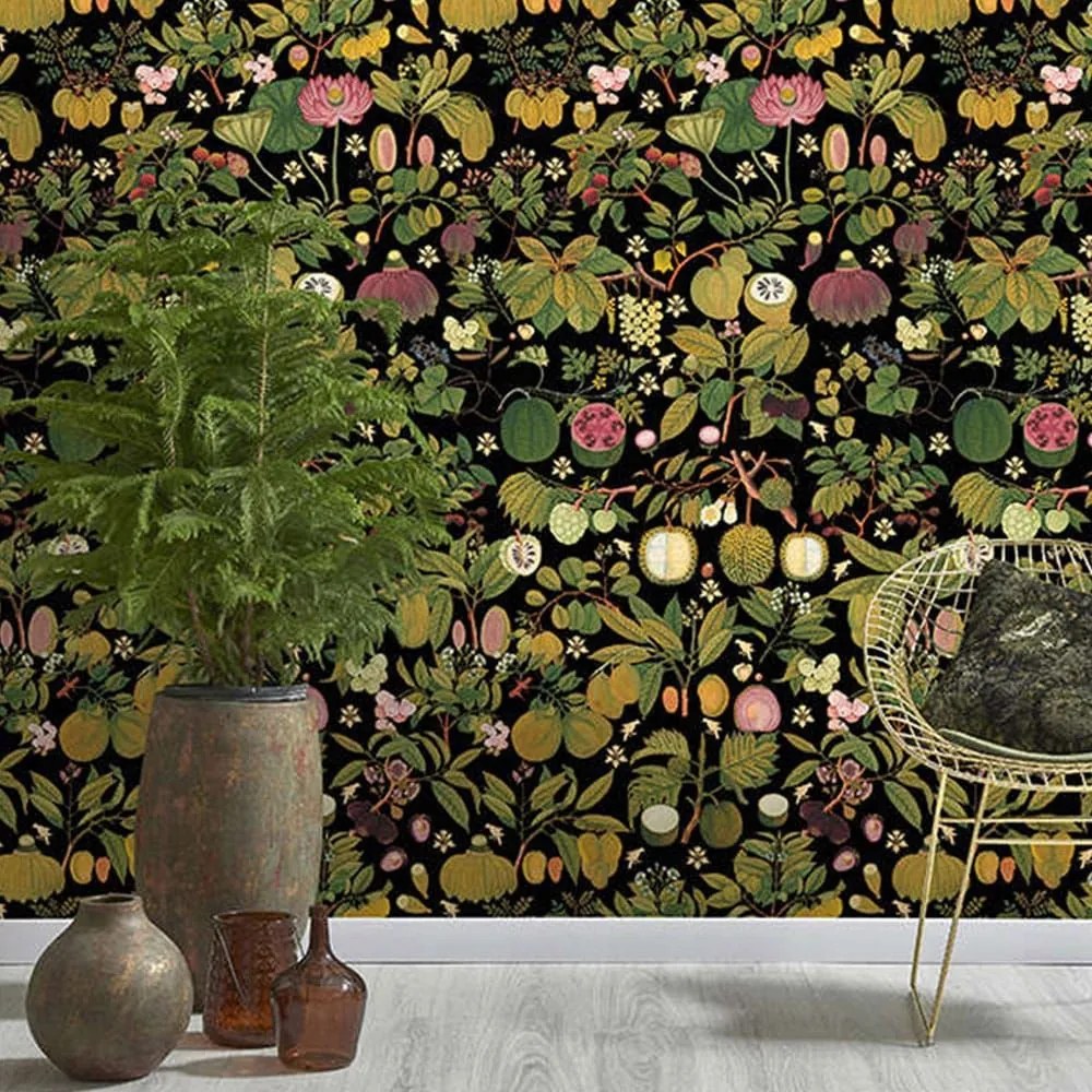 Ταπετσαρία Asian Fruits And Flowers Anthracite WP20314 Green-Black-Pink MindTheGap 52x300cm