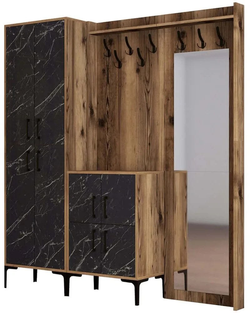 Έπιπλο Εισόδου Berlin 845HCT4218 180x35x200cm Marble Effect Black-Walnut Μοριοσανίδα, Μέταλλο