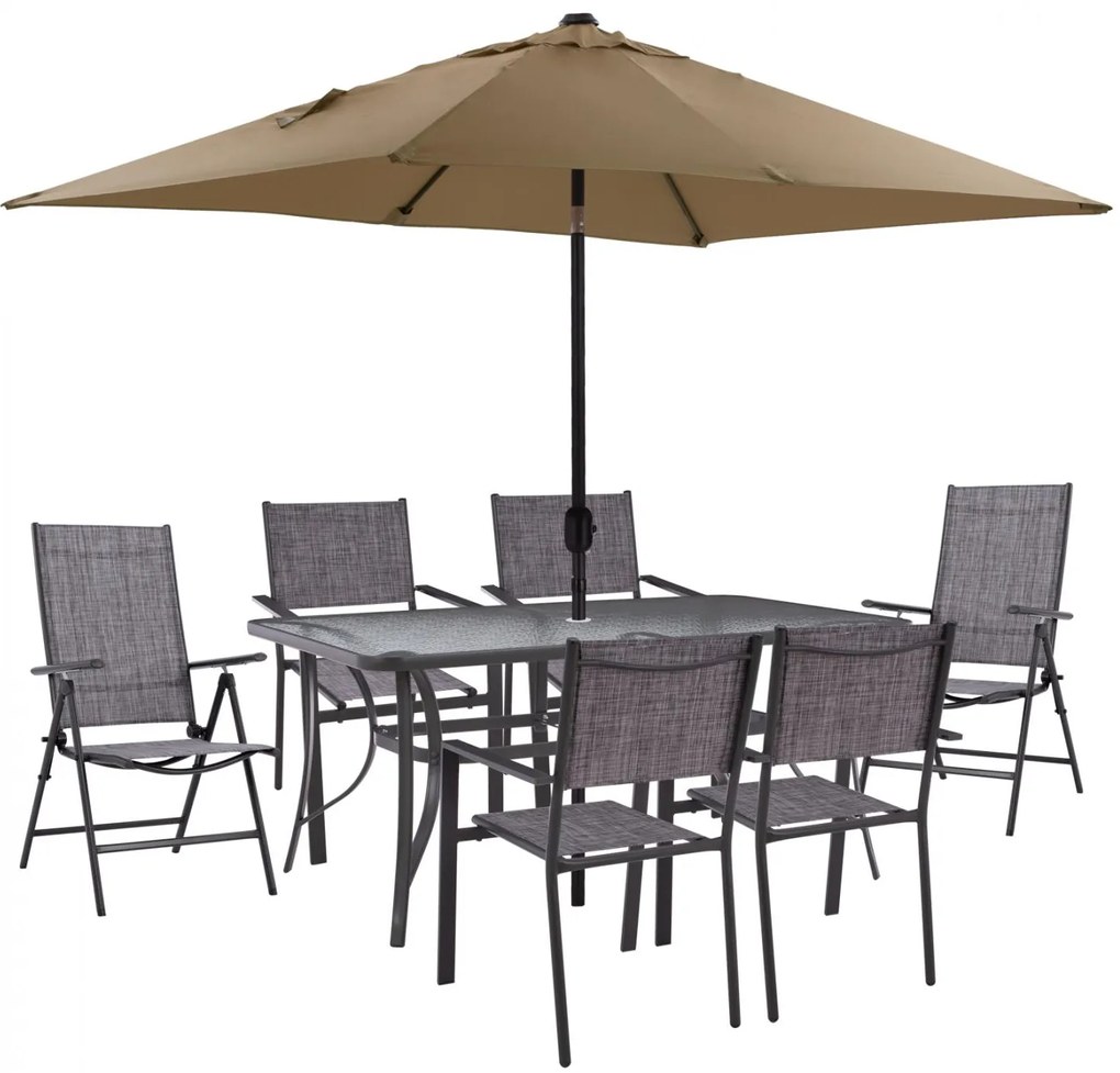 Σετ Κήπου Τραπεζαρία HM11483 8 τεμ Γκρί με Ομπρέλα Μόκα & Τραπέζι 150x90x75 εκ. με 6 Καρέκλες Textline