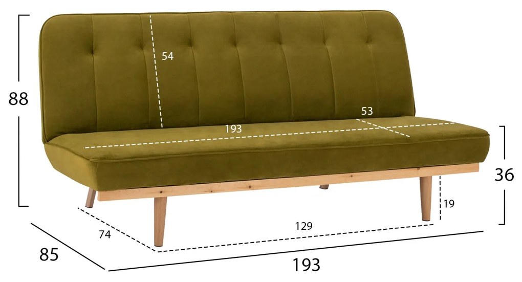 Καναπές - Κρεβάτι Τριθέσιος Βελούδο Λαδί 193x85x88Υ εκ. 193x85x88 εκ.